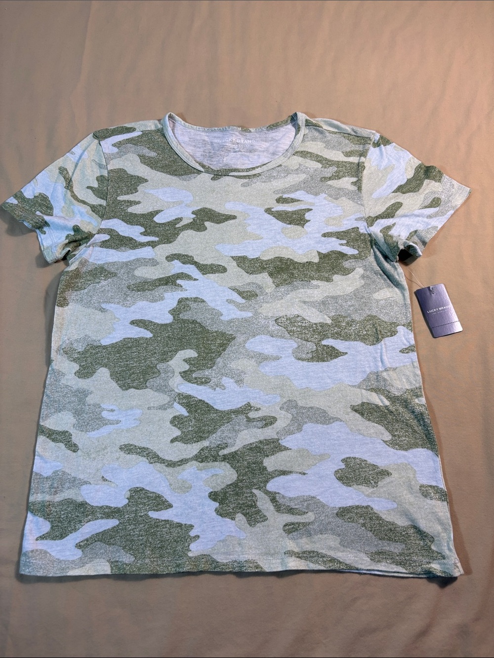 Lucky Brand Green Camouflage Distressed Knit Crewneck Tee Shirt Size M NWT